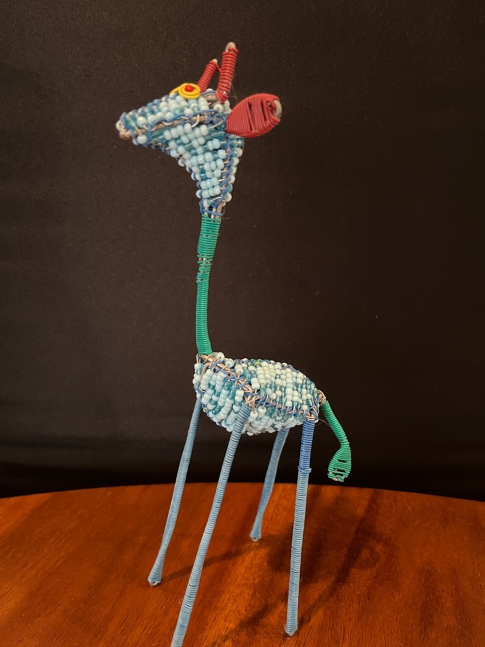 Handmade Beaded Giraffe Figurine - Blue & Teal. 9 inches tall.